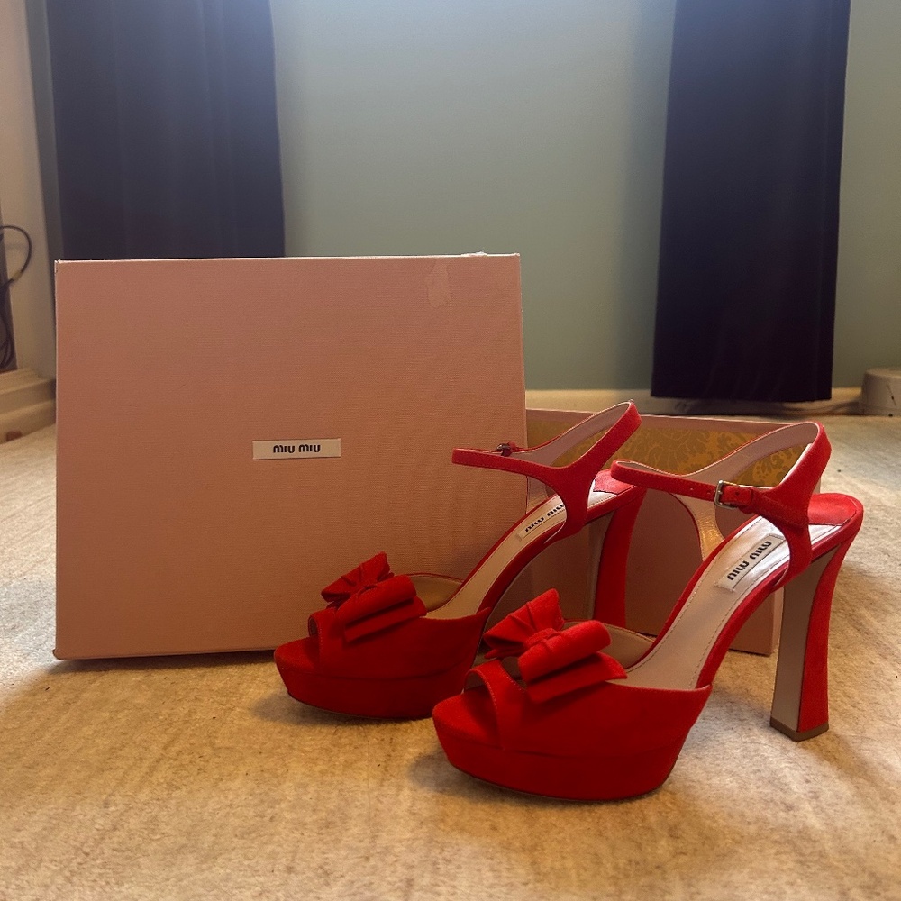 Miu Miu Red Suede peep toe with bows